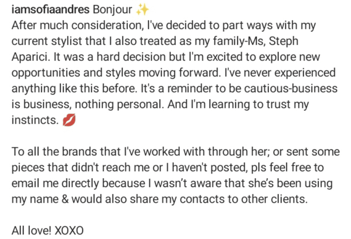 Sofia Andres cuts ties with stylist: 'A reminder to be cautious'